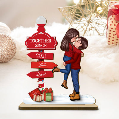 Christmas Couple Kissing Sign Personalized Standing Wooden Plaque