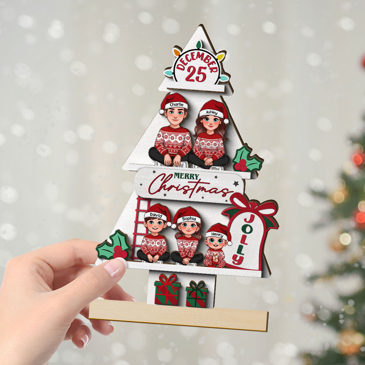 Pine Tree Christmas Family Sitting Personalized 2-Layer Standing Wooden Plaque
