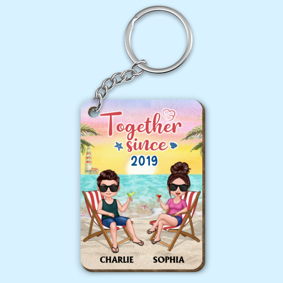 Couple Love To The Beach And Back Personalized Wooden Keychain
