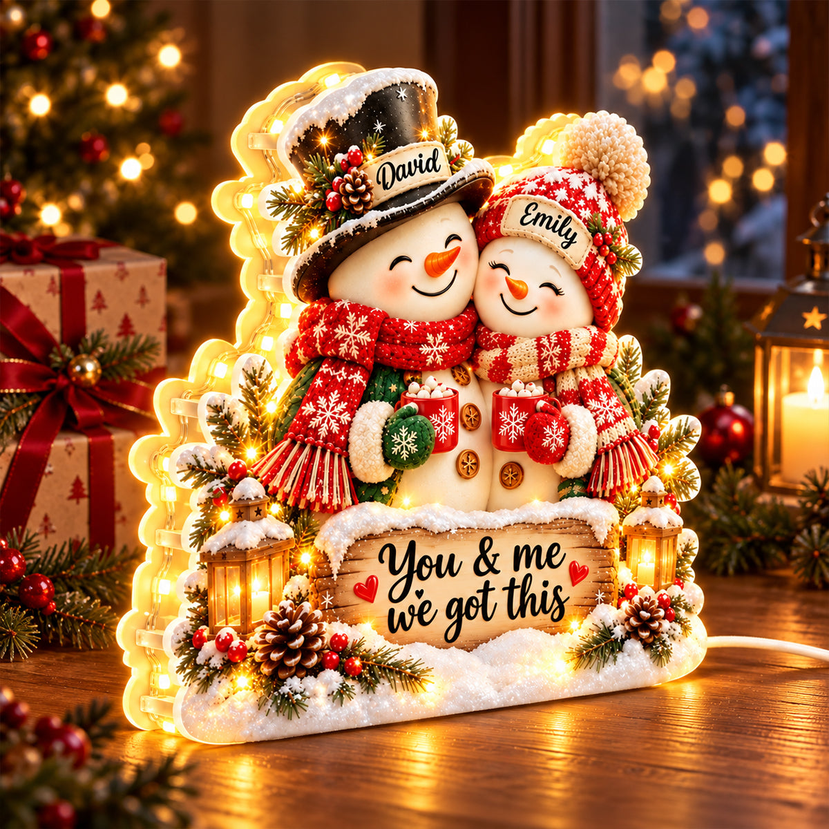 Snowman Couple Hugging - Personalized Light Box - Heartfelt Christmas Gift for Her, Gift for Him