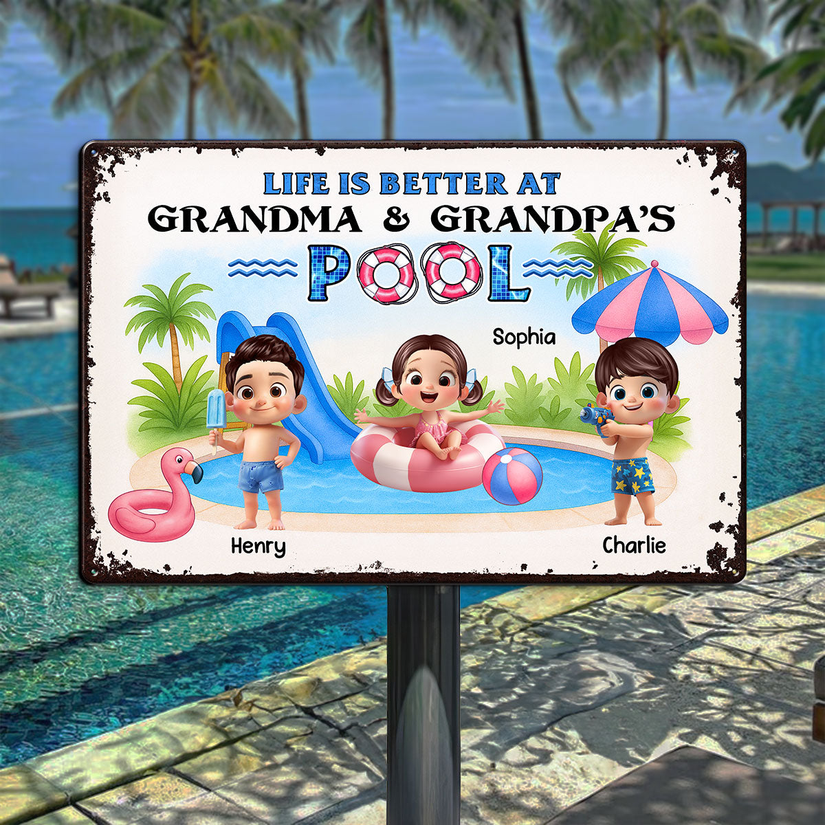 Welcome to Grandma & Grandpa's Pool, Memories are Made Here Personalized Metal Sign, Grandkids Welcome Sign