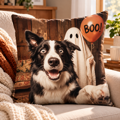 Custom Dog Cat Photo Halloween - Personalized Pillow - Trendy Vintage Spooky Tee for Pet Moms