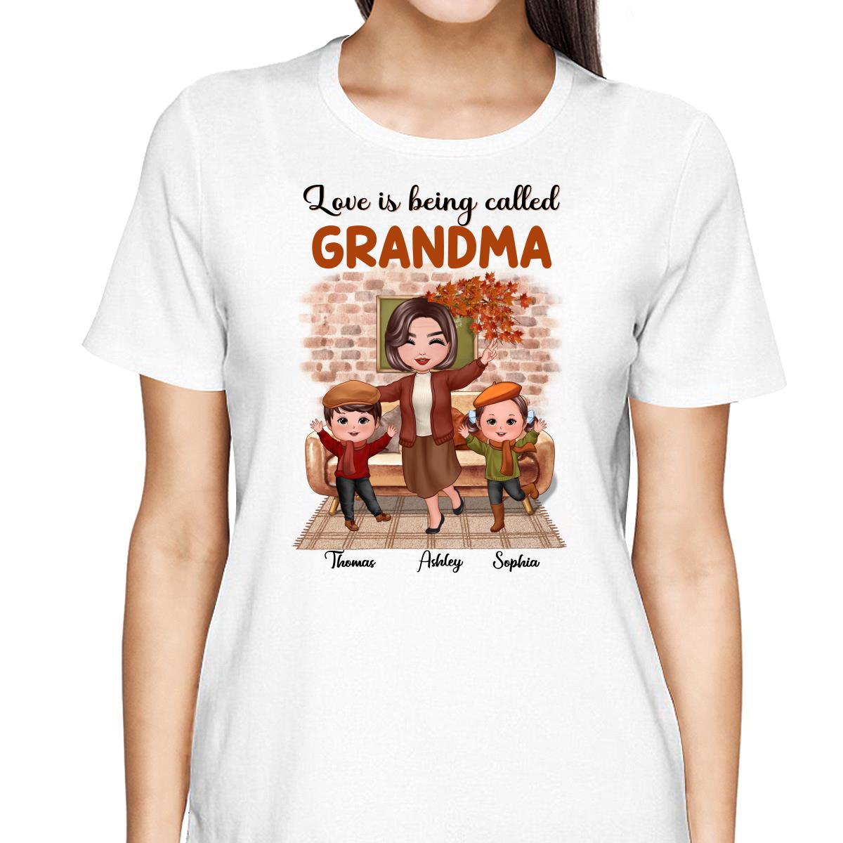 Fall Season Happy Doll Grandma And Grandkids Brick Background In House Personalized Shirt
