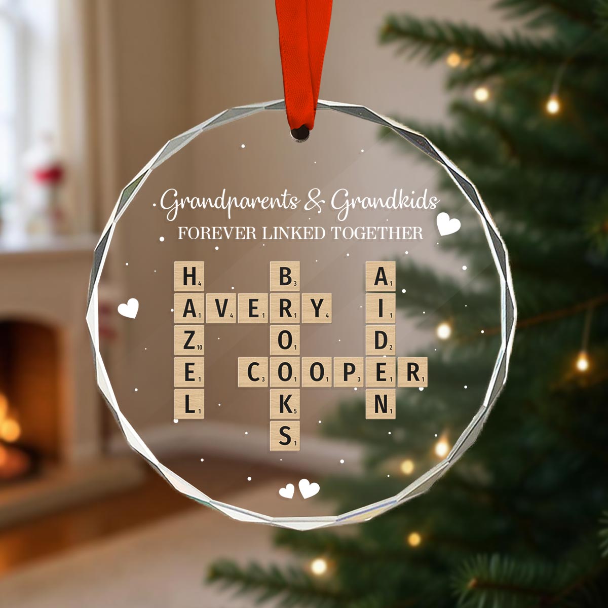Grandpa Grandma Grandparents And Grandkids Forever Linked Together Crossword Puzzle Art Personalized Glass Ornament