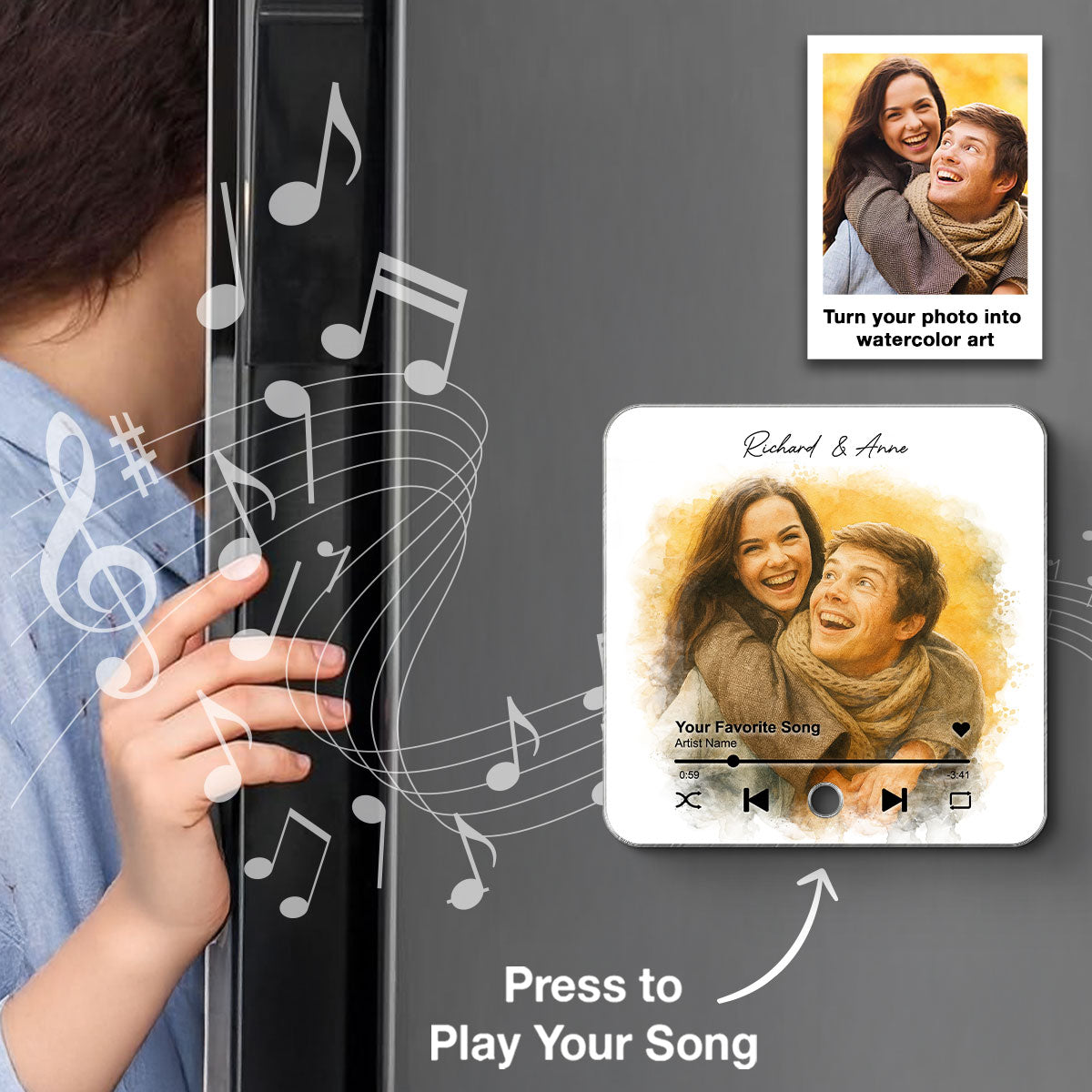 Custom Couple Watercolor Portrait from Photo Personalized Music Fridge Magnet, Gift for him, Gift for her