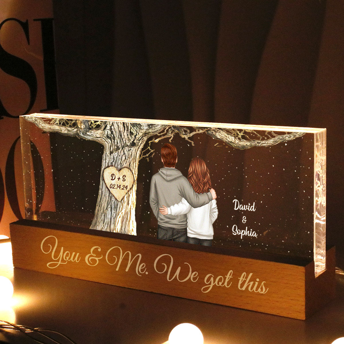 Couple Back View Engraved Tree Personalized Acrylic Block LED Night Light,  Gift, Anniversary Gift for Him for Her