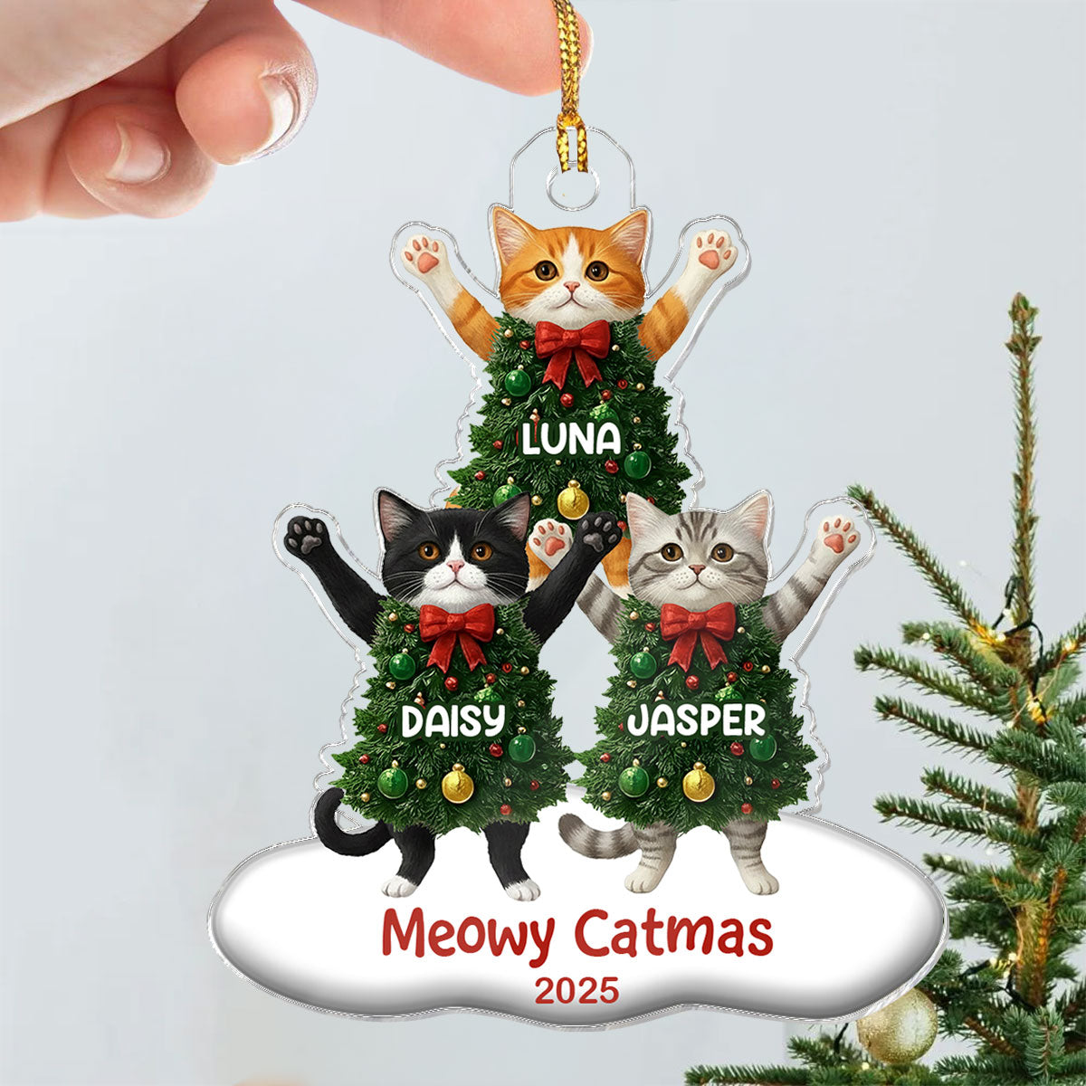 Whimsical Cat Christmas Tree - Personalized Acrylic Ornament - Gift For Cat Lover