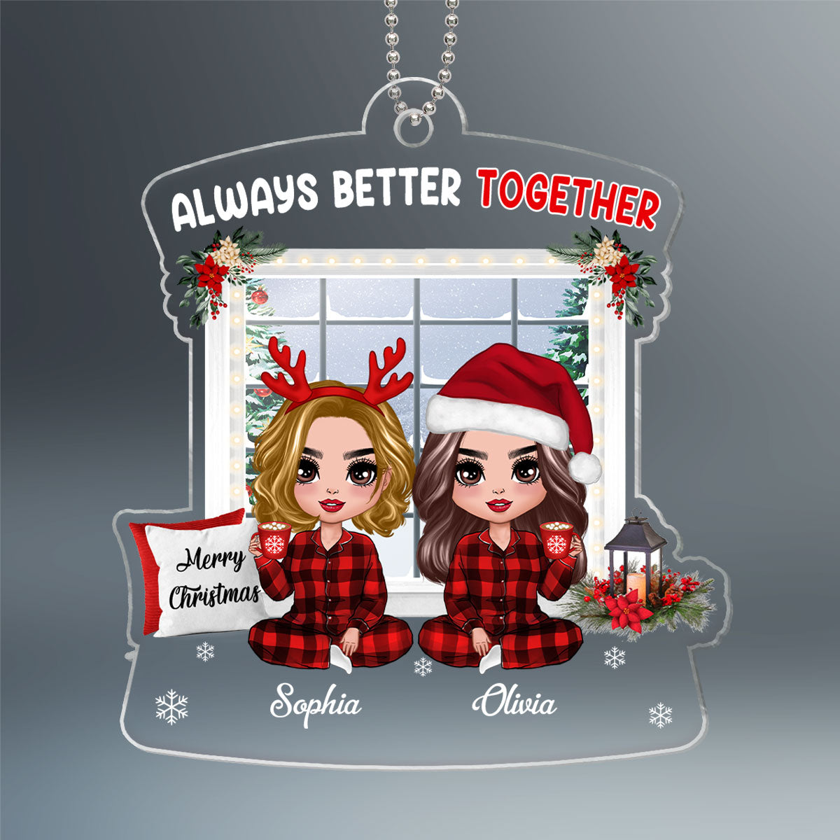 Pajamas Doll Besties Sitting By Christmas Window Personalized Acrylic Ornament