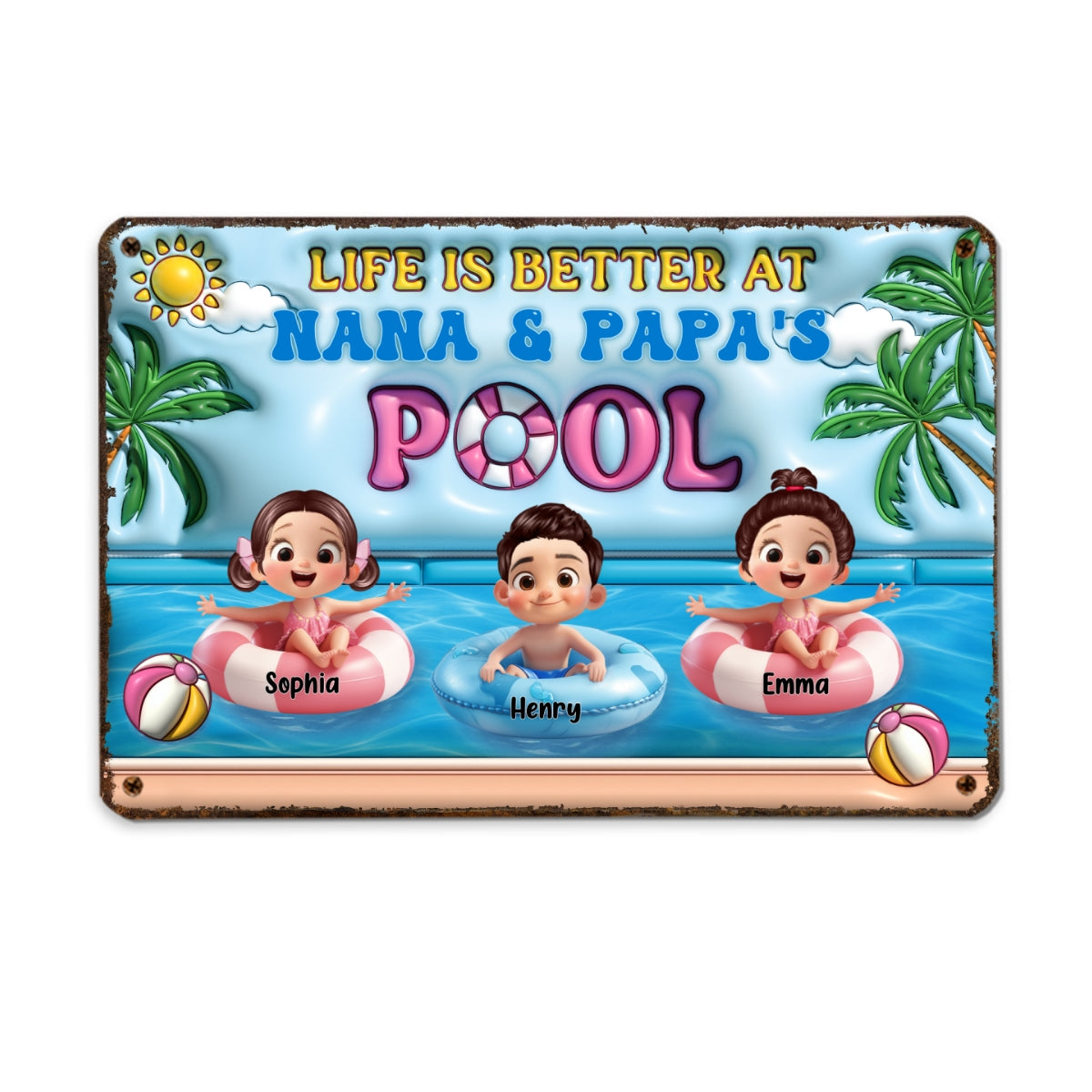 Life Is Better At Grandpa Grandma Pool 3D Inflated Effect Personalized Metal Sign, Grandchildren Welcome Sign