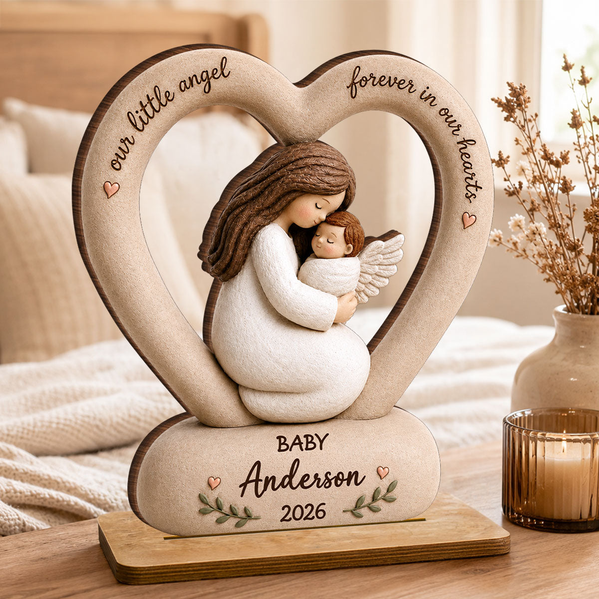 Our Little Angel Forever In Our Hearts - Personalized 2-Layered Wooden Plaque - Memorial Gift