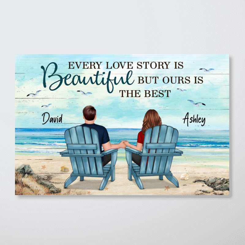 Back View Couple Sitting Beach Landscape Personalized Horizontal Poster