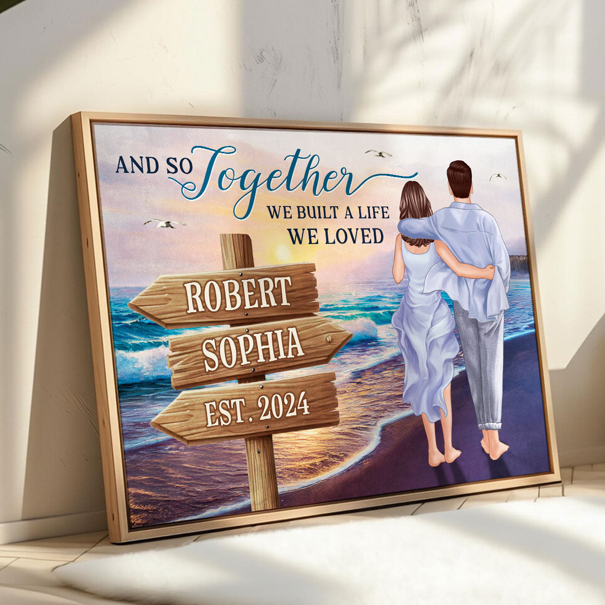 Couple Embracing And Walking On The Beach Personalized Poster, Heartfelt 2025  Gift For Couple, For Him, For Her, Boyfriend, Girlfriend, Husband, Wife