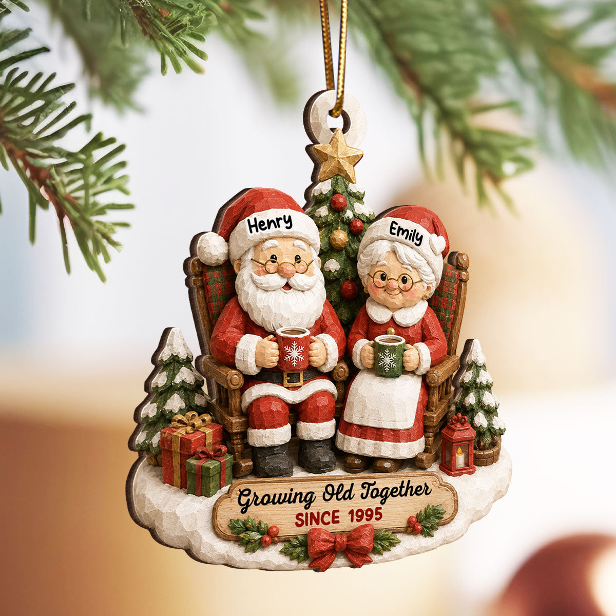 Rustic Vintage Santa Couple Growing Old Together - Personalized Wooden Ornament - Christmas Gift For Couple