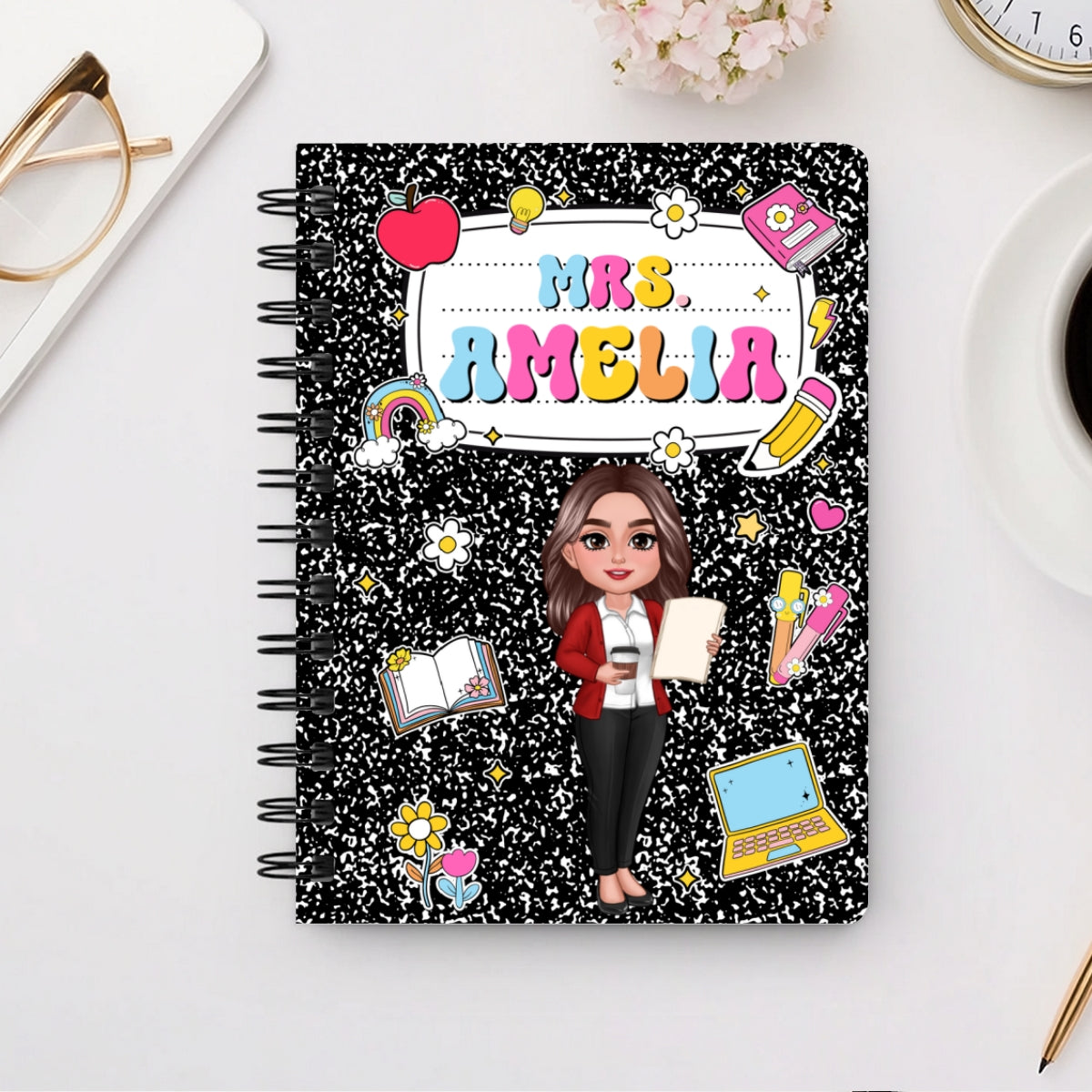 Teacher Composition Book Pattern Personalized Spiral Notebook Journal, Gift For Teacher, Back To School Stationery