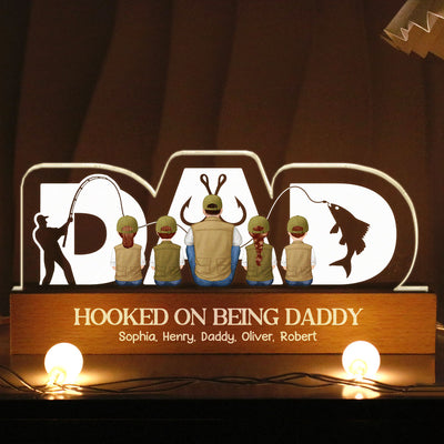 Fishing Dad Grandpa And Kids Back View Personalized Acrylic LED Night Light, Father's Day Gift for Dad, Gift for Husband