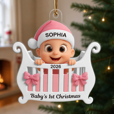 3D Effect Cute Cartoon Baby In Crib Baby's 1st Christmas Personalized Acrylic Flat Ornament
