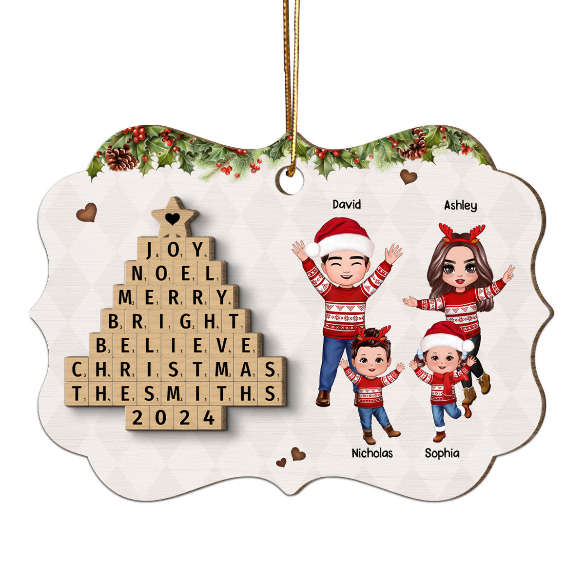 Happy Family By Word Art Christmas Tree Personalized 2-Layer Wooden Ornament
