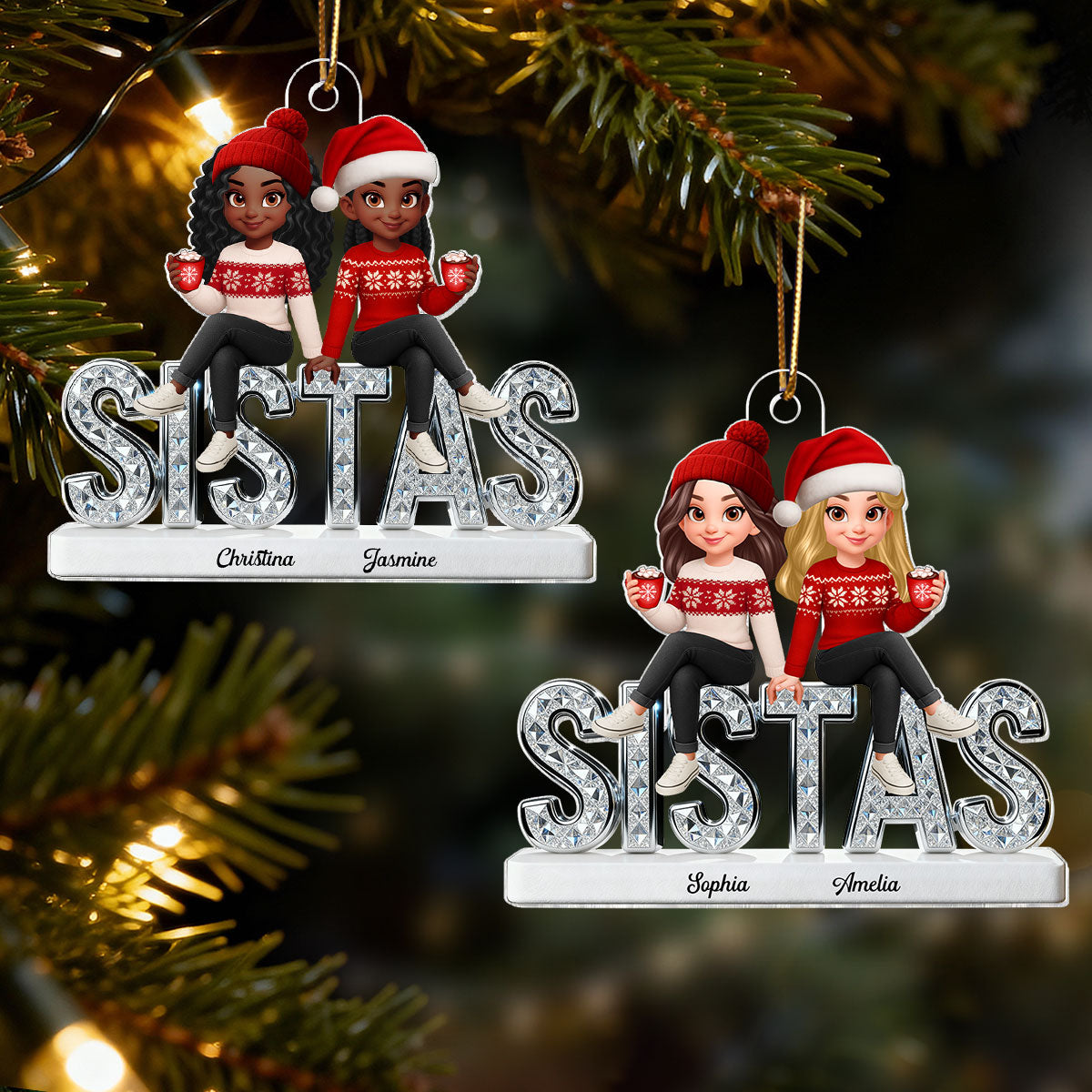 3D Shining Effect Sistas - Personalized Acrylic Car Hanger - Christmas Gift For Sisters