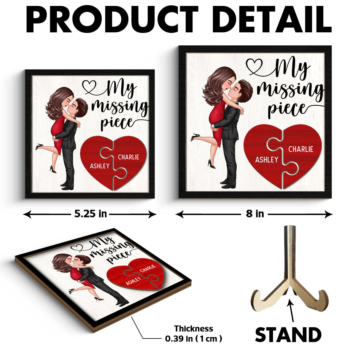 My Missing Piece Doll Couple Hugging Kissing Heart Piece Personalized 2-Layer Wooden Plaque