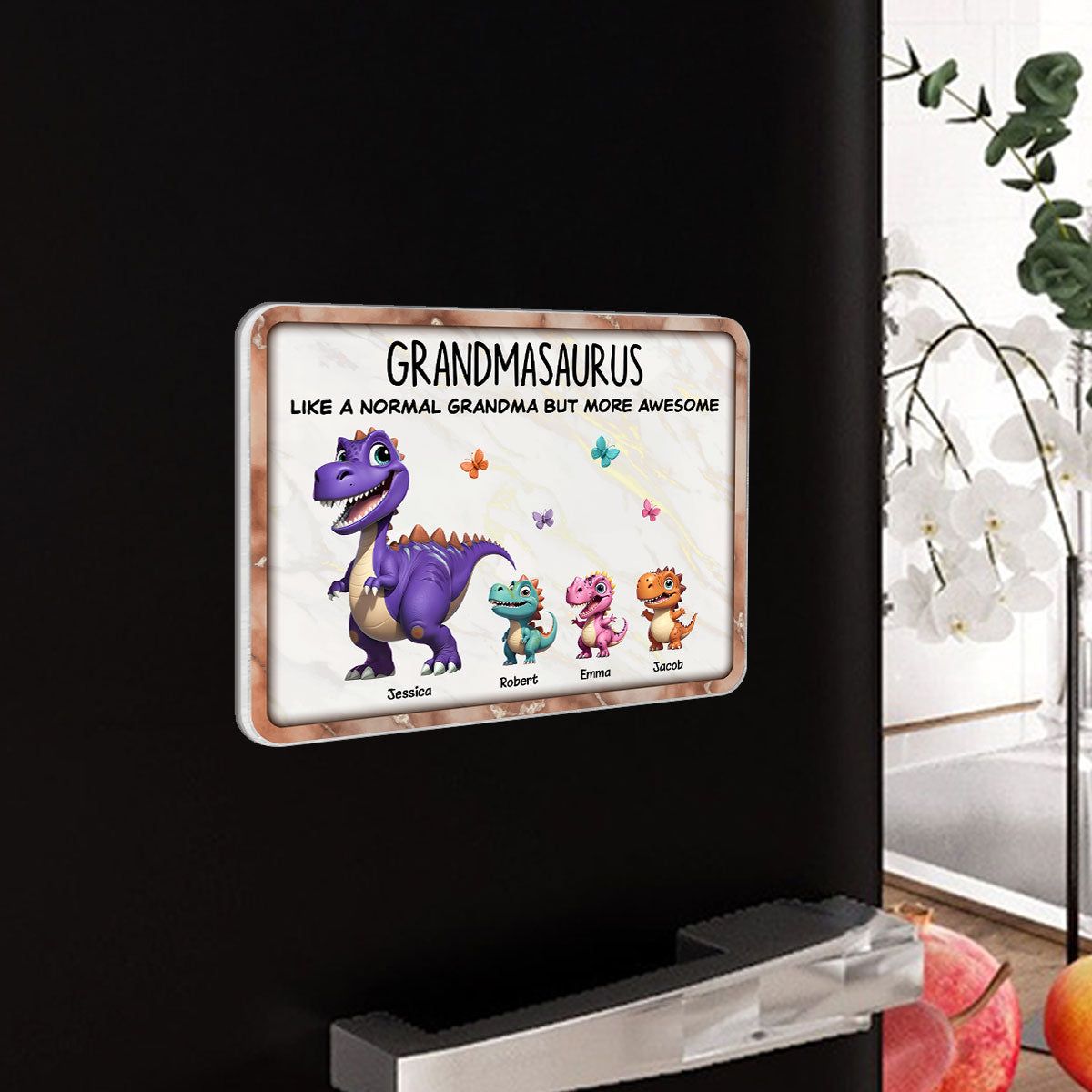 Grandmasaurus And Kids 3D Effect Dinosaurs Personalized Acrylic Fridge Magnet, Gift For Grandma