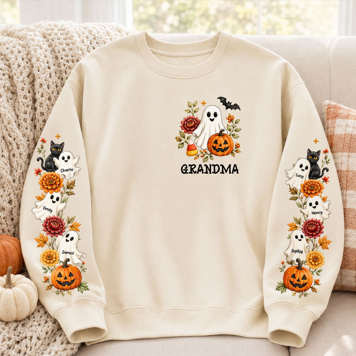 Retro Vintage Floral Grandma Boo Crew - Personalized Sleeve Printed Sweatshirt - Fall Halloween Gift For Grandma