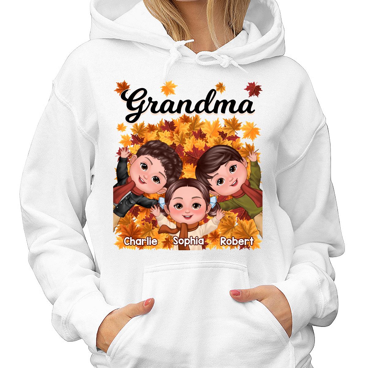 Happy Kids Laying On Fall Leaves Grandma Mom Personalized Shirt