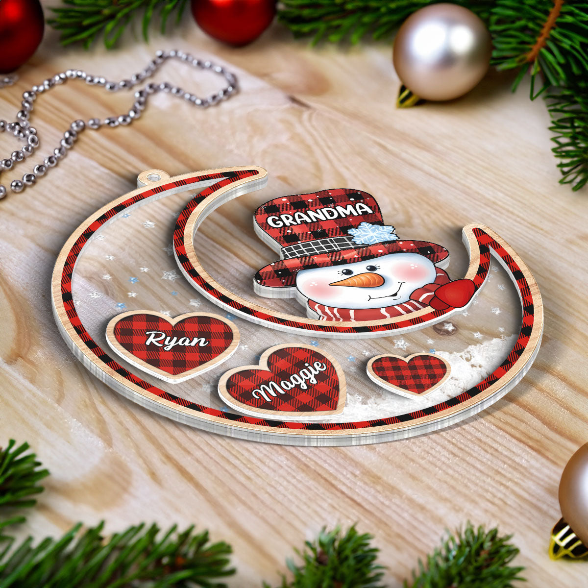 Grandma Snowman On Moon Personalized Shaker Ornament, Christmas Gift For Grandma & Grandchildren