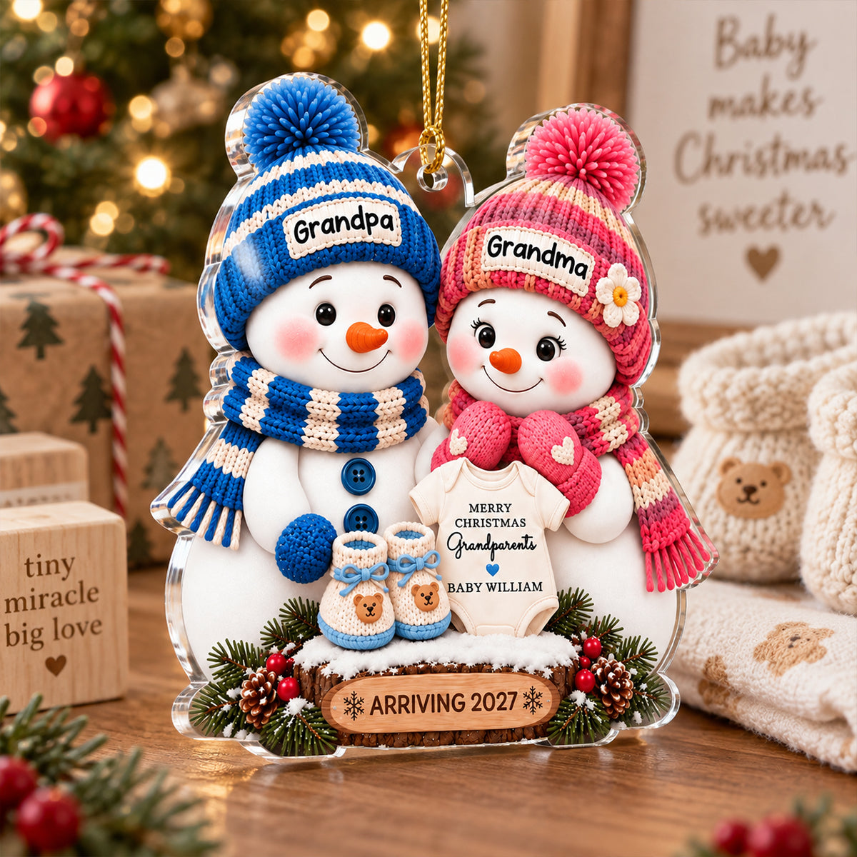 Promoted To Grandparents Cute Snowman 2D Flat - Personalized Acrylic Ornament - First Christmas Gift For New Grandparents, Pregnancy Announcement