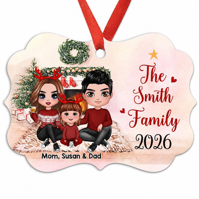 Family Sitting Beside Fireplace Personalized Christmas Ornament