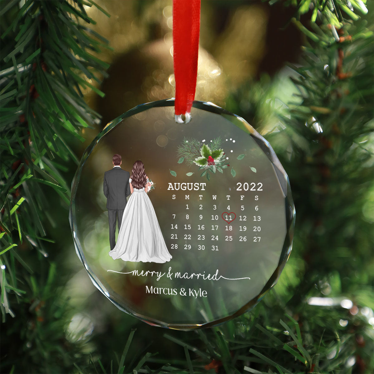 Merry And Married First Christmas Couple Calendar Personalized Christmas Glass Ornament, Anniversary Gift, Newlywed Gift, Wedding Gift