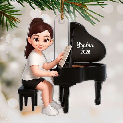Christmas Girl Boy Playing Piano - Personalized Acrylic Ornament - Gift For Pianists, Performers, Piano Lovers