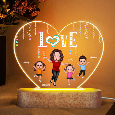 LOVE Happy Doll Grandma Mom With Kids Personalized Heart Acrylic Plaque LED Night Light