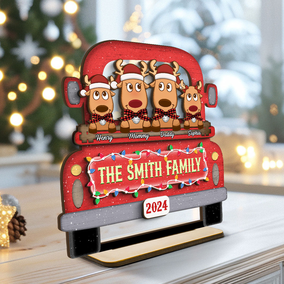Reindeer Family On Christmas Truck Personalized 2 Layer Standing Wooden Plaque