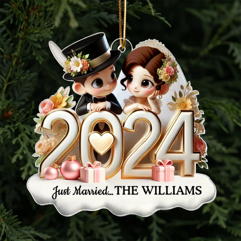 2024 Just Married Pretty Couple Personalized Acrylic Ornament, Unique Christmas Gift For Her For Him For Newlywed Couple
