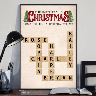 Family Rustic Christmas Crossword Puzzle Art Family Bond Personalized Poster, Christmas Decor