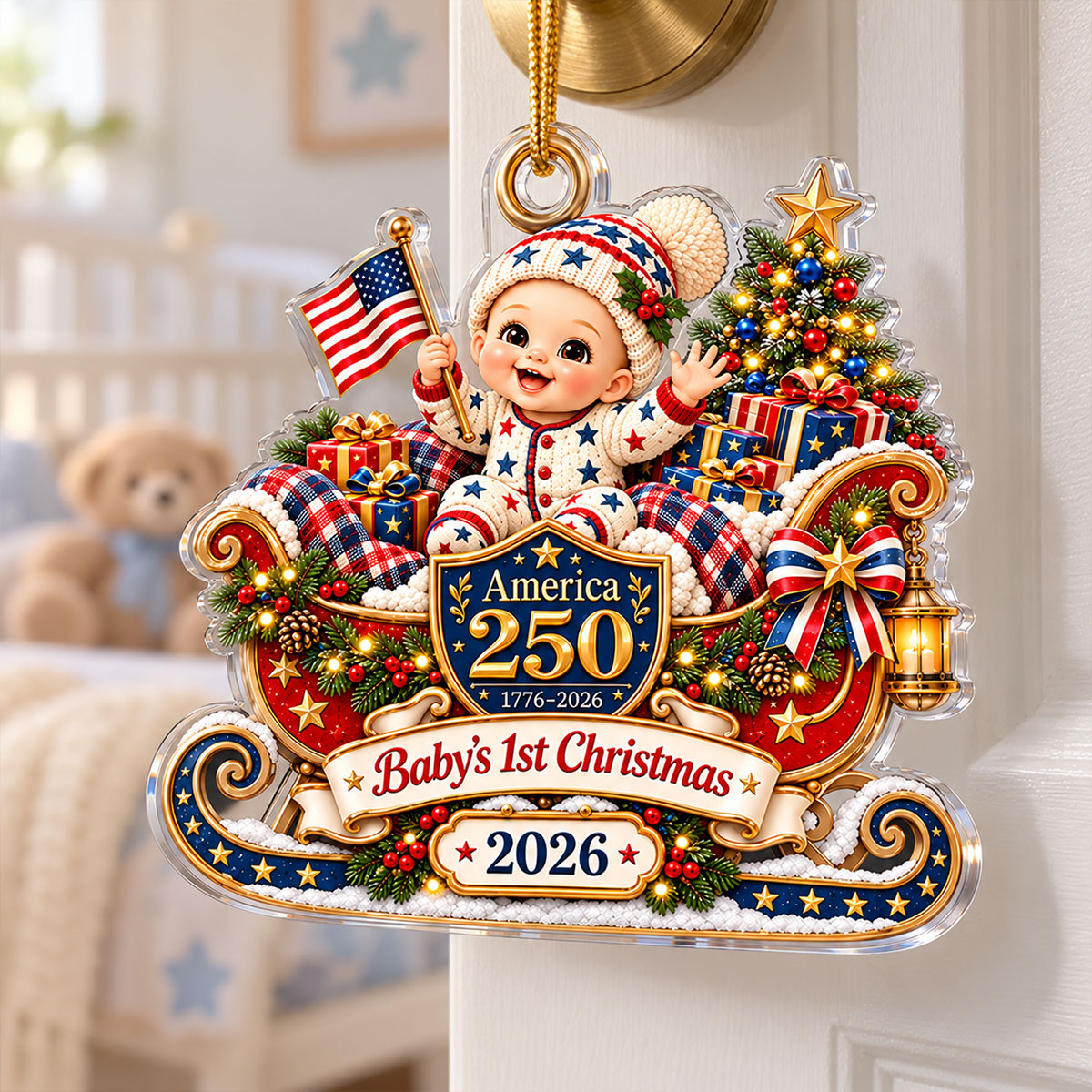 Baby On Sleigh Baby's First Christmas 2D Flat - Personalized Acrylic Ornament - 250th America 1776 - 2026 Anniversary, Patriotic Christmas Decor, Gifts for New Parents