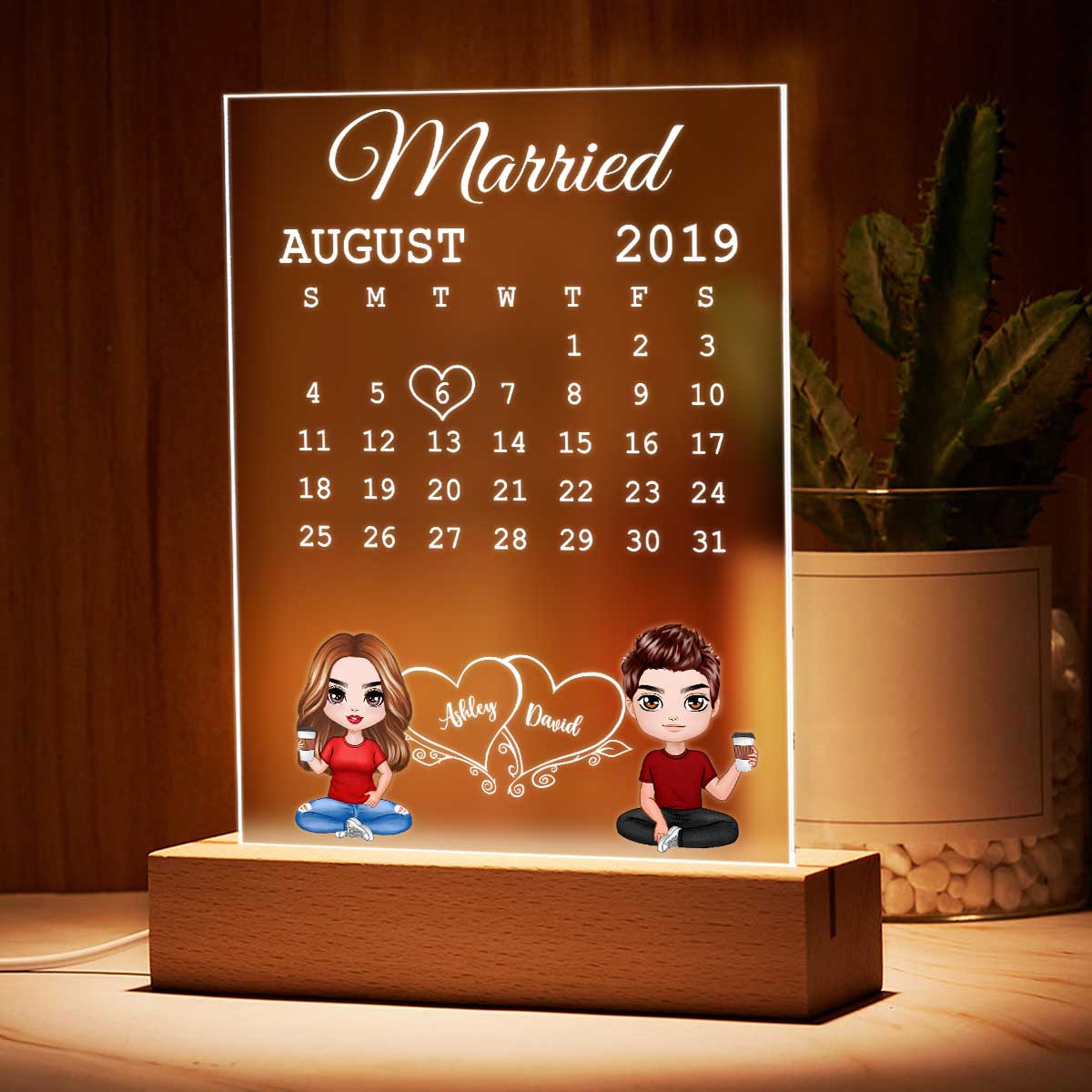 Doll Couple Sitting Calendar Anniversary Date Gift For Him For Her Personalized Rectangle Acrylic Plaque LED Lamp Night Light