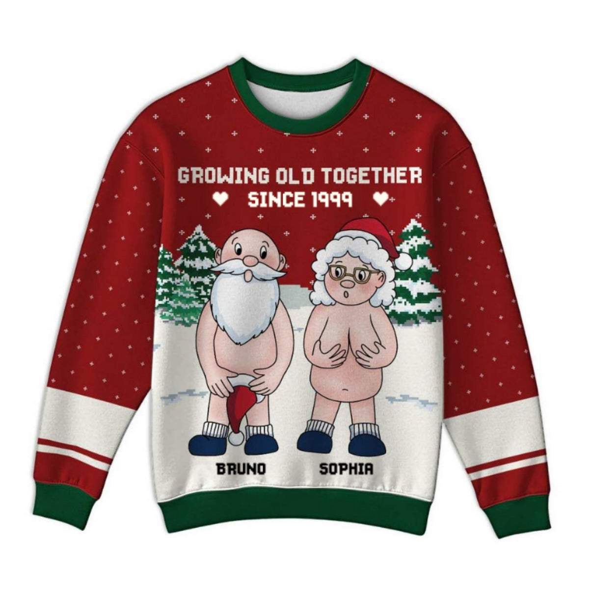 Funny Old Couple Growing Old Together Personalized Faux Knitting Ugly Sweater
