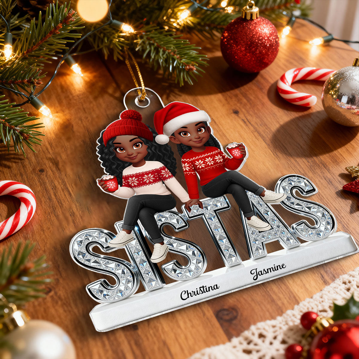 3D Shining Effect Sistas - Personalized Acrylic Car Hanger - Christmas Gift For Sisters