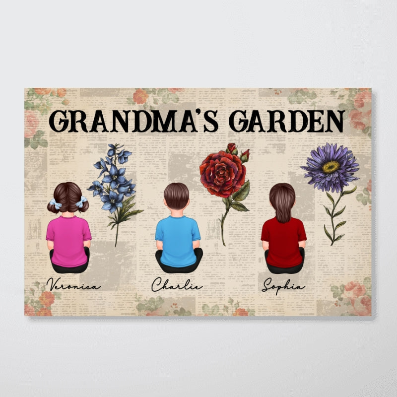 Newspaper Background Grandkids Sitting Grandma Garden Vintage Birth Month Flowers Personalized Horizontal Poster