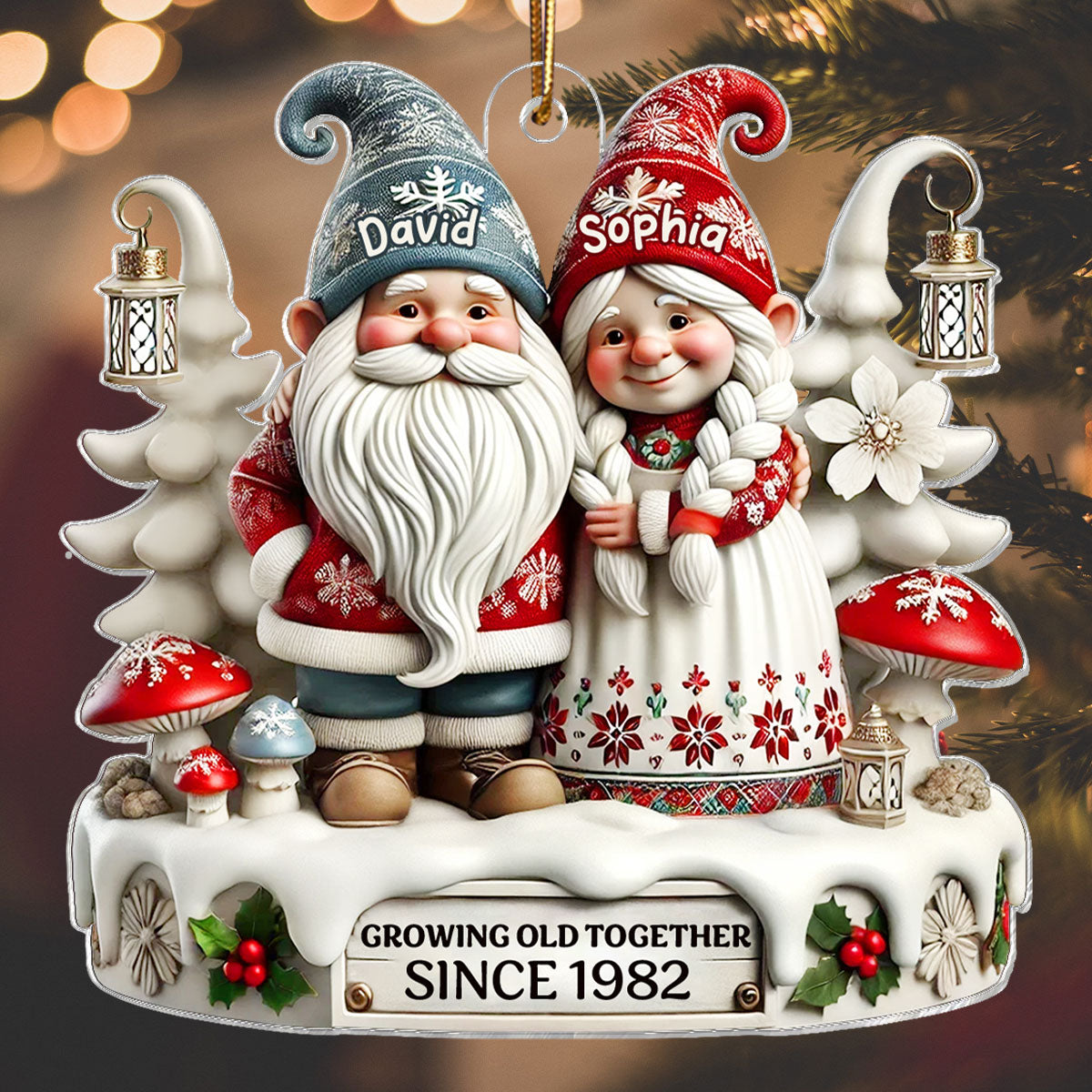 3D Effect Gnome Couple Together Christmas - Personalized Acrylic Ornament - Gift for Him, Gift for Her