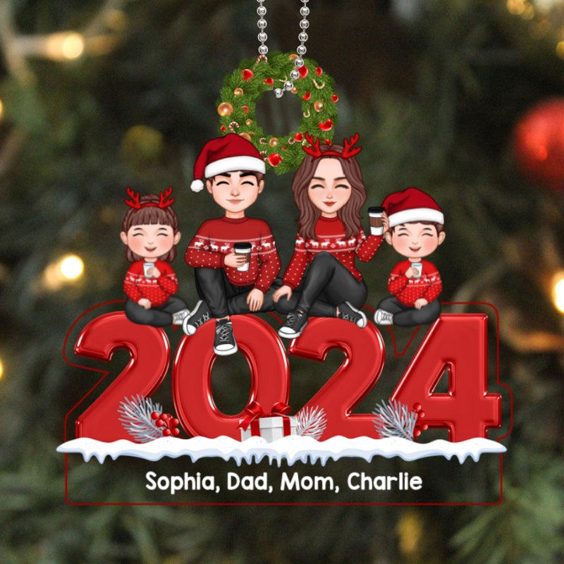 Christmas 2024 Cute Family Dad Mom Kids Dogs Cats Sitting Personalized Acrylic Ornament