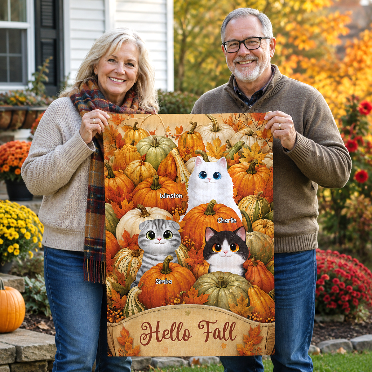 Hello Fall Cute Cat Peeking In Fall Pumpkin Patch - Personalized Garden Flag - Fall Season Decor For Cat Lover