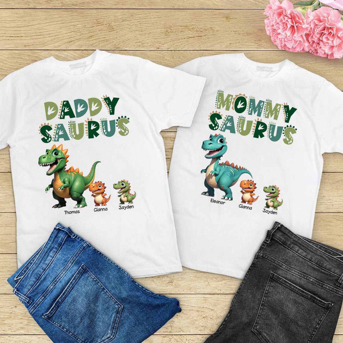 3D Effect Daddysaurus Mommysaurus Personalized Matching Shirts [Set Of 2 Shirts]
