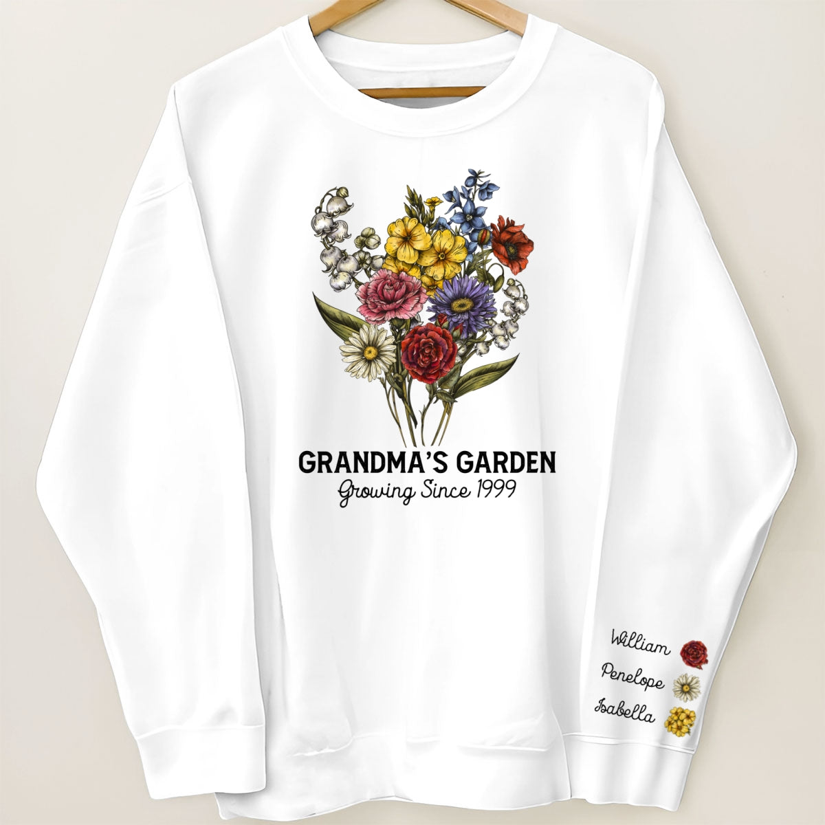 Grandma‘s Garden Beautiful Vintage Birth Month Flowers Bouquet Personalized Sleeve Printed Sweatshirt