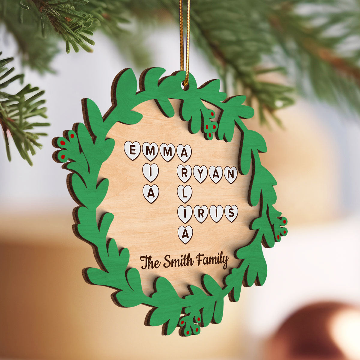 Family Names Crossword Puzzle Art Wreath Shaped Personalized 2-Layer Wooden Ornament