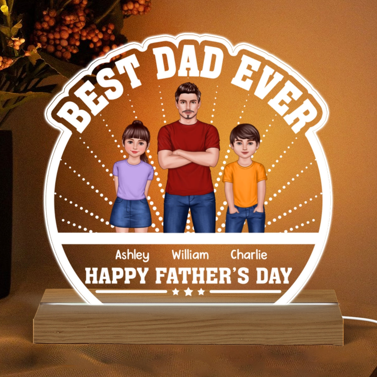 Best Dad Ever Happy Father‘s Day Man And Kids Standing Front View Personalized Warm Acrylic Custom Shape LED Night Light