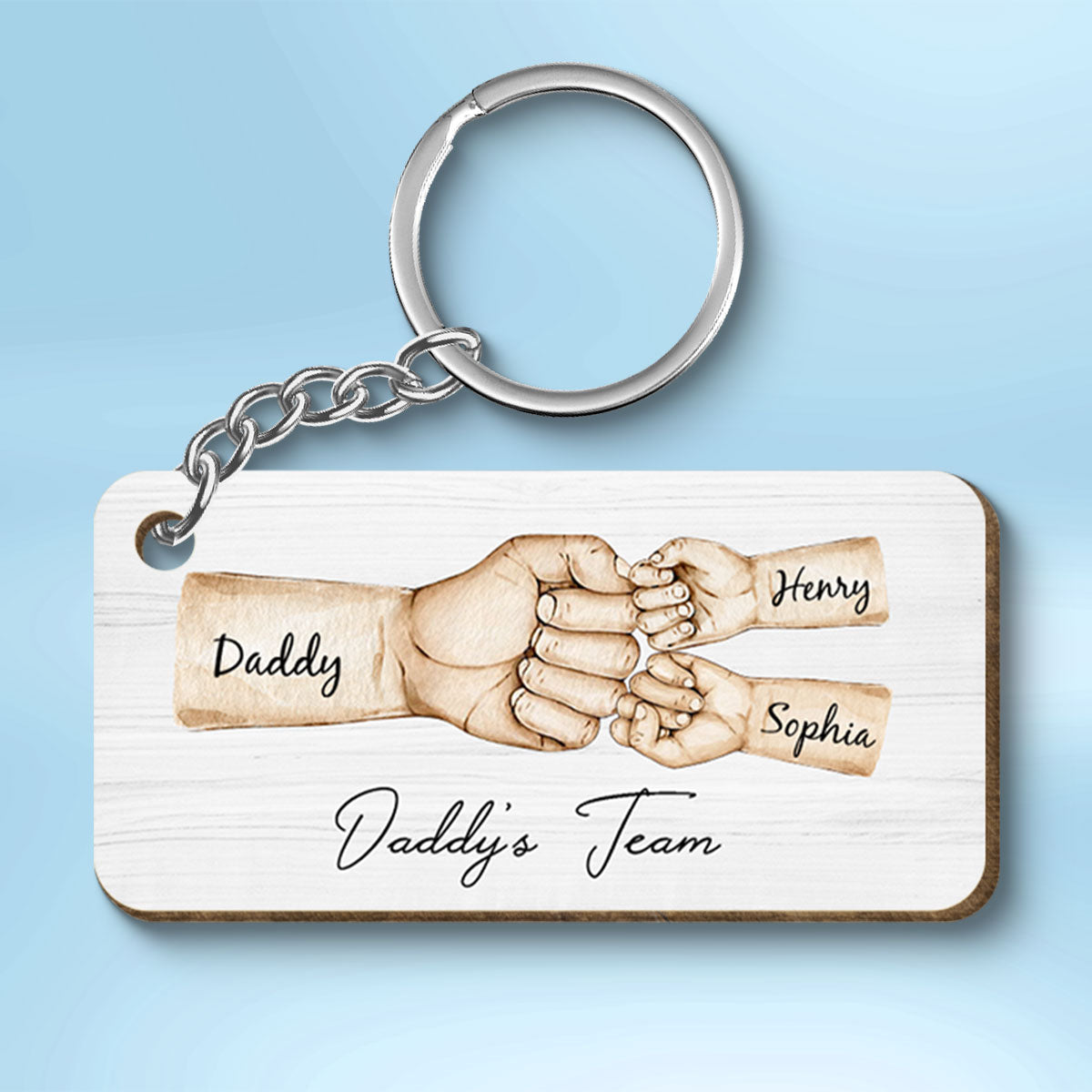 Daddy's Team Fist Bump Personalized Wooden Keychain, Father's Day Gift For Dad, For Grandpa, For Husband