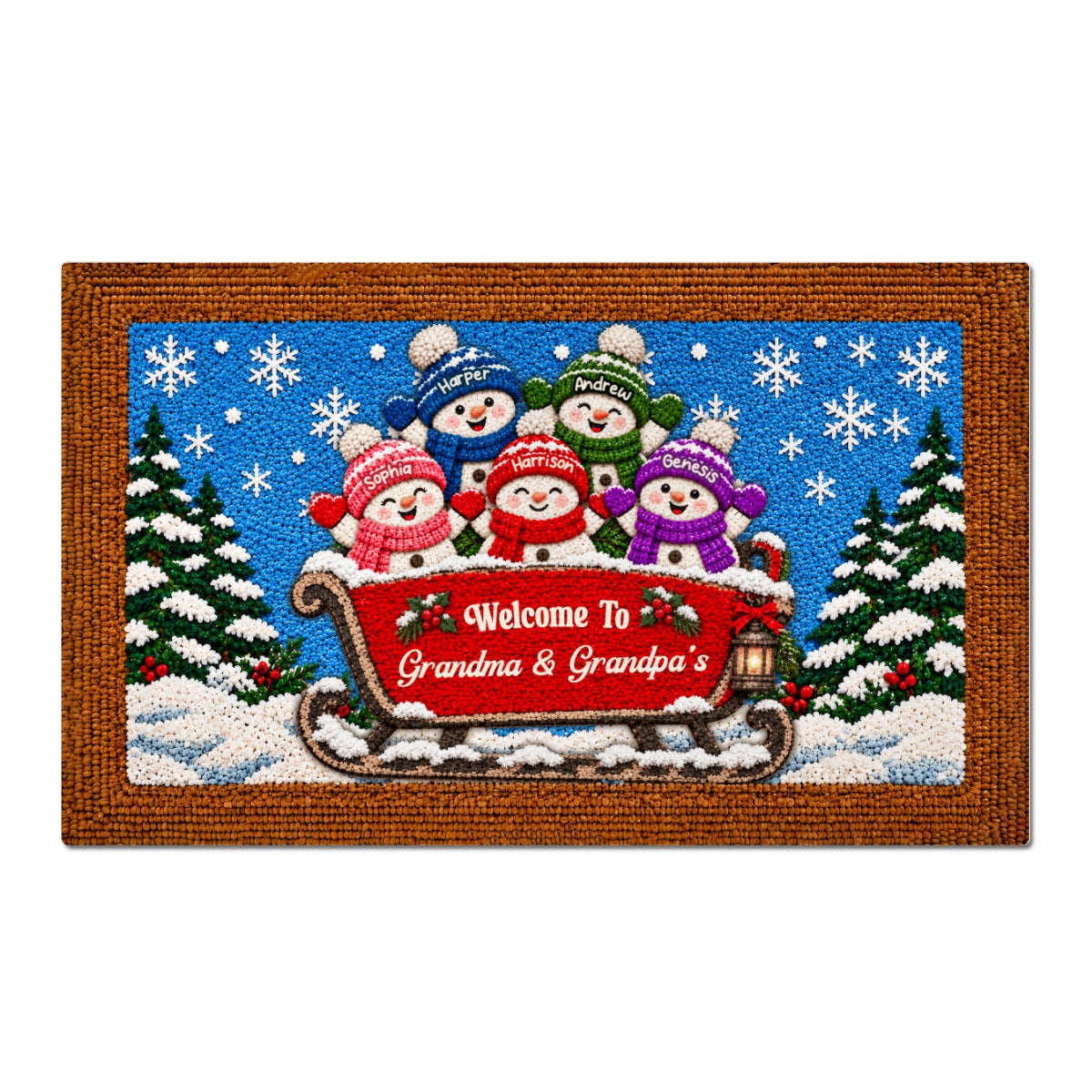 Welcome To Grandparents' Grandkids Snowman On Sleigh - Personalized Door Mat - Christmas Decor For Grandparents, Family