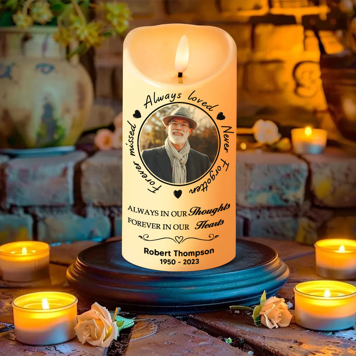 Always Loved Never Forgotten Memorial Personalized LED Candle, Custom Photo Sympathy Gift